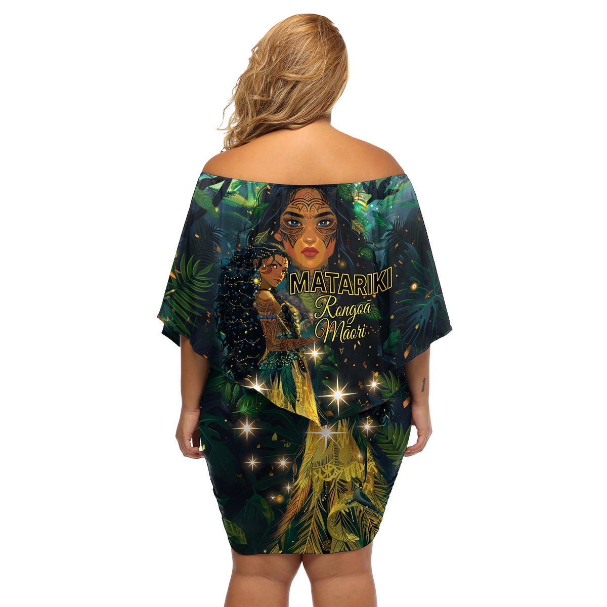 New Zealand Matariki Off Shoulder Short Dress Rongo Mori Wellbeing and Good Luck LT9 - Polynesian Pride