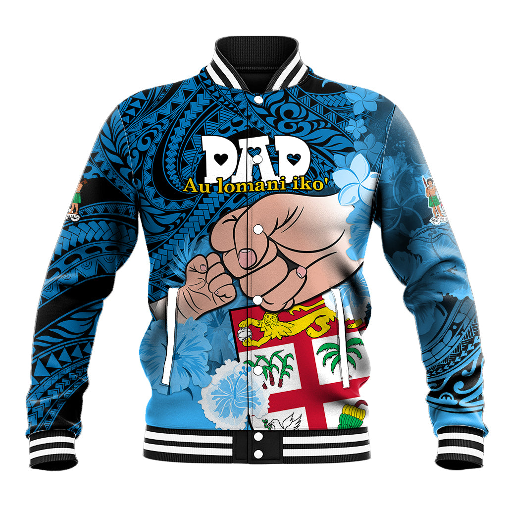 Personalised Dads Day Fiji Baseball Jacket Dad Au Lomani Iko - Polynesian Flowers Tribal LT9 Unisex Blue - Polynesian Pride