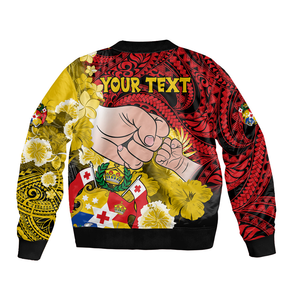 Personalised Dads Day Tonga Sleeve Zip Bomber Jacket Dad Ofa lahi atu - Polynesian Flowers Tribal LT9 - Polynesian Pride