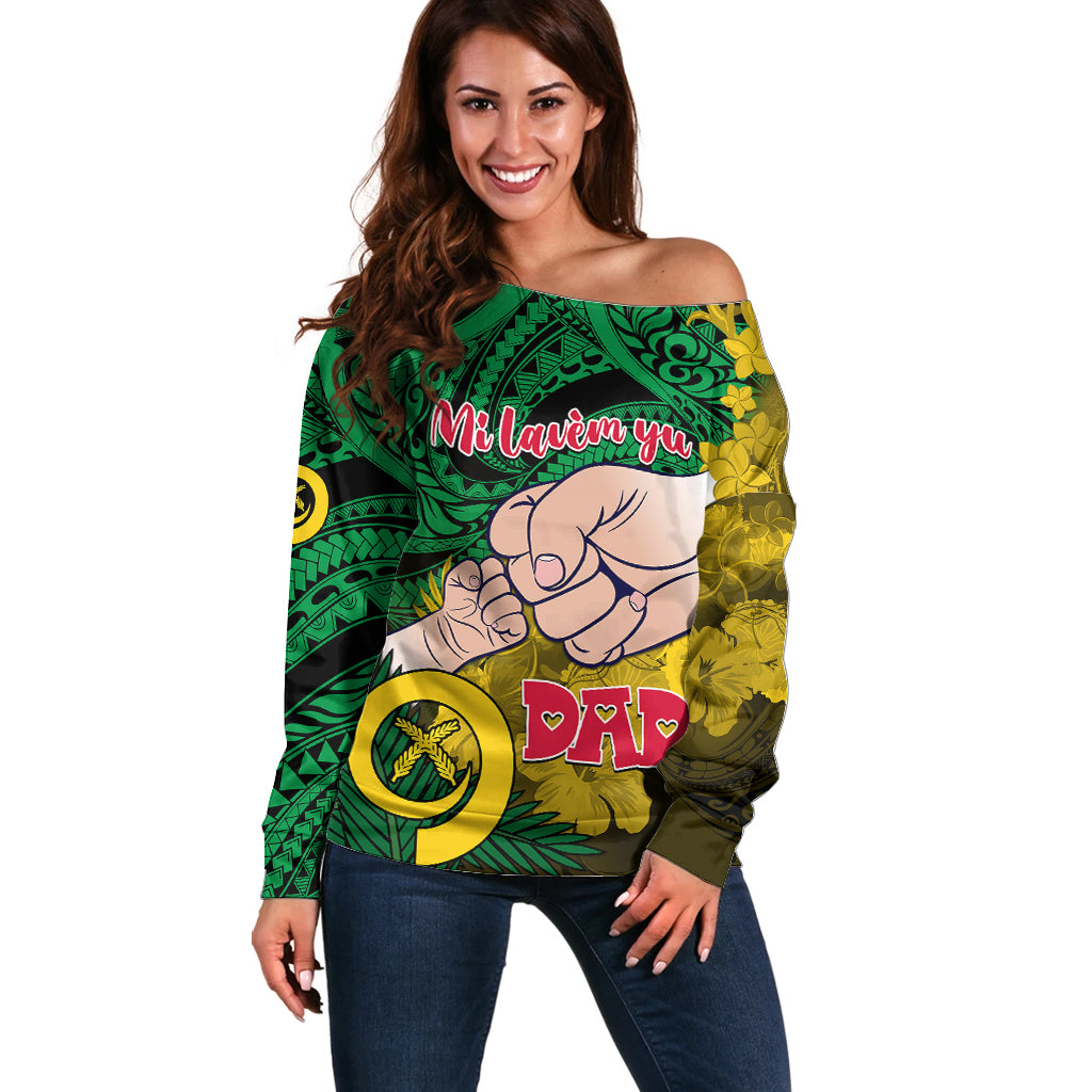 Dads Day Vanuatu Off Shoulder Sweater Dad Mi lavem yu - Polynesian Flowers Tribal LT9 Women Green - Polynesian Pride