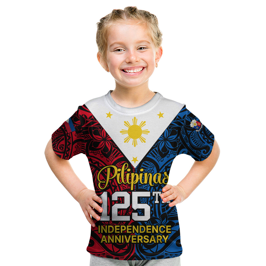 Personalised 125th Independence Anniversary Philippines Kid T Shirt Polynesian Pilipinas Flag Style - Black LT9 Black - Polynesian Pride