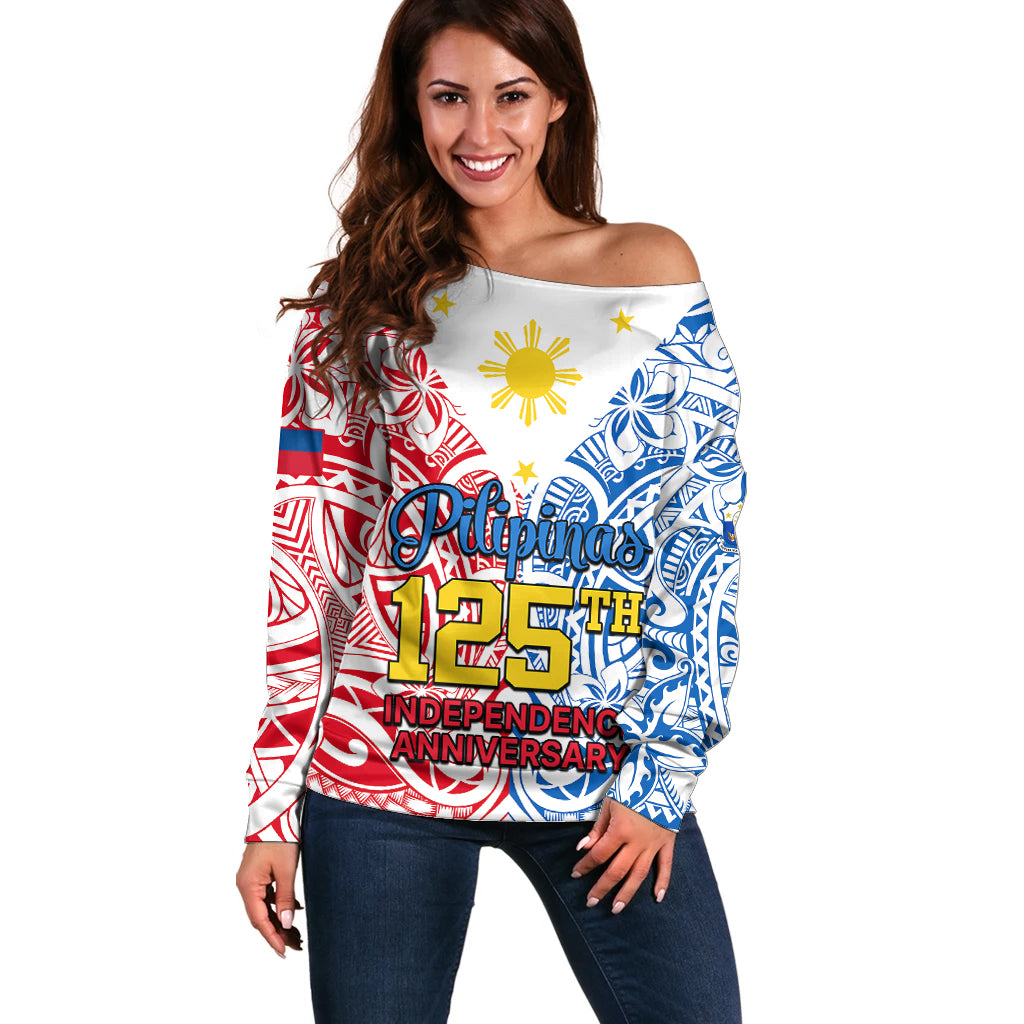 Personalised Polynesian Philippines Off Shoulder Sweater Pilipinas Flag Style for 125th Independence Anniversary White LT9 Women White - Polynesian Pride