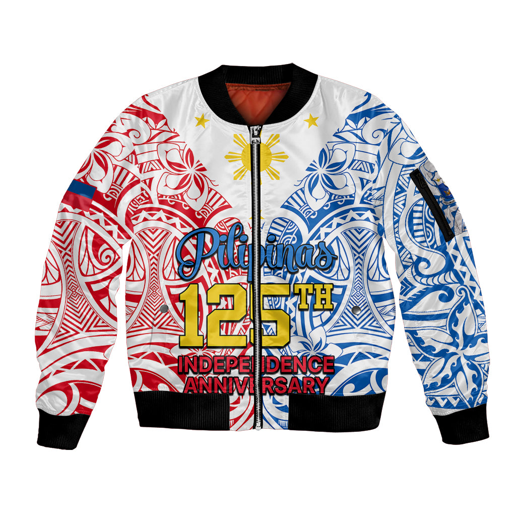 Personalised Polynesian Philippines Sleeve Zip Bomber Jacket Pilipinas Flag Style for 125th Independence Anniversary White LT9 Unisex White - Polynesian Pride