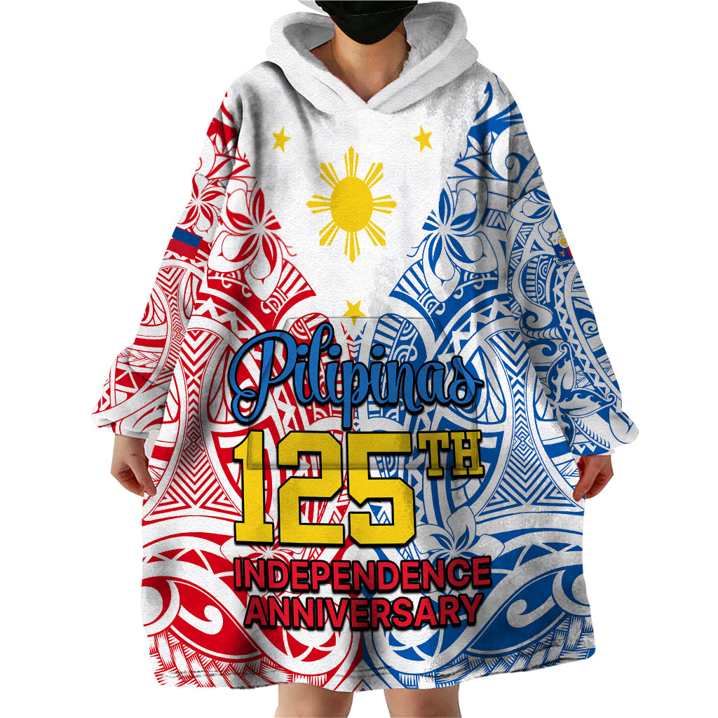 Personalised 125th Independence Anniversary Philippines Wearable Blanket Hoodie Polynesian Pilipinas Flag Style - White LT9 - Polynesian Pride