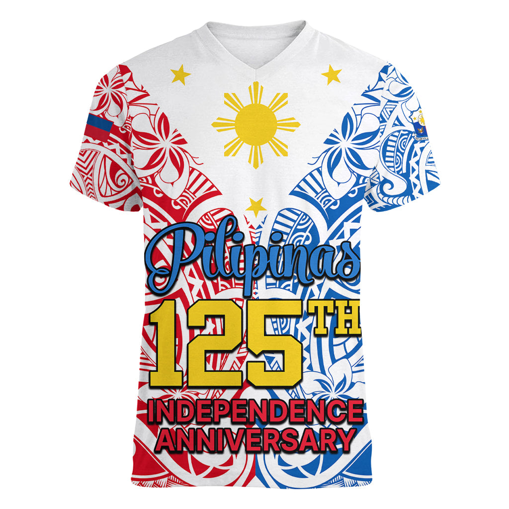 Personalised Polynesian Philippines Women V Neck T Shirt Pilipinas Flag Style for 125th Independence Anniversary White LT9 Female White - Polynesian Pride