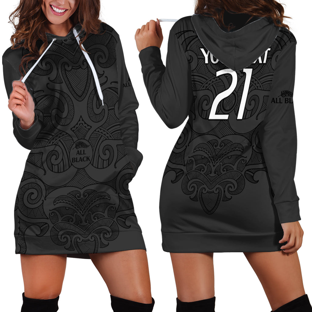 (Custom Text And Number) New Zealand Rugby Hoodie Dress All Black Fern with Maori Tribal Pattern LT9 - Polynesian Pride