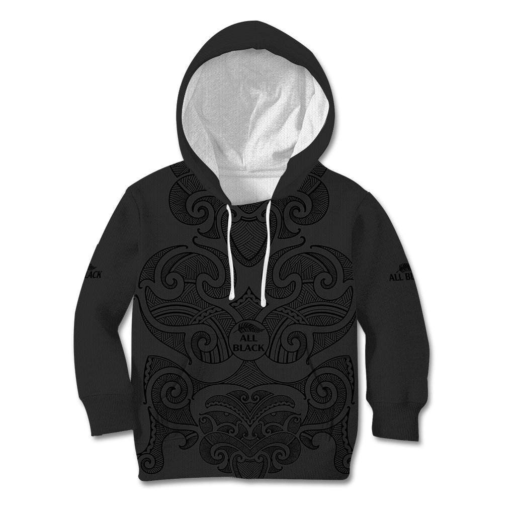 (Custom Text And Number) New Zealand Rugby Kid Hoodie All Black Fern with Maori Tribal Pattern LT9 Black - Polynesian Pride