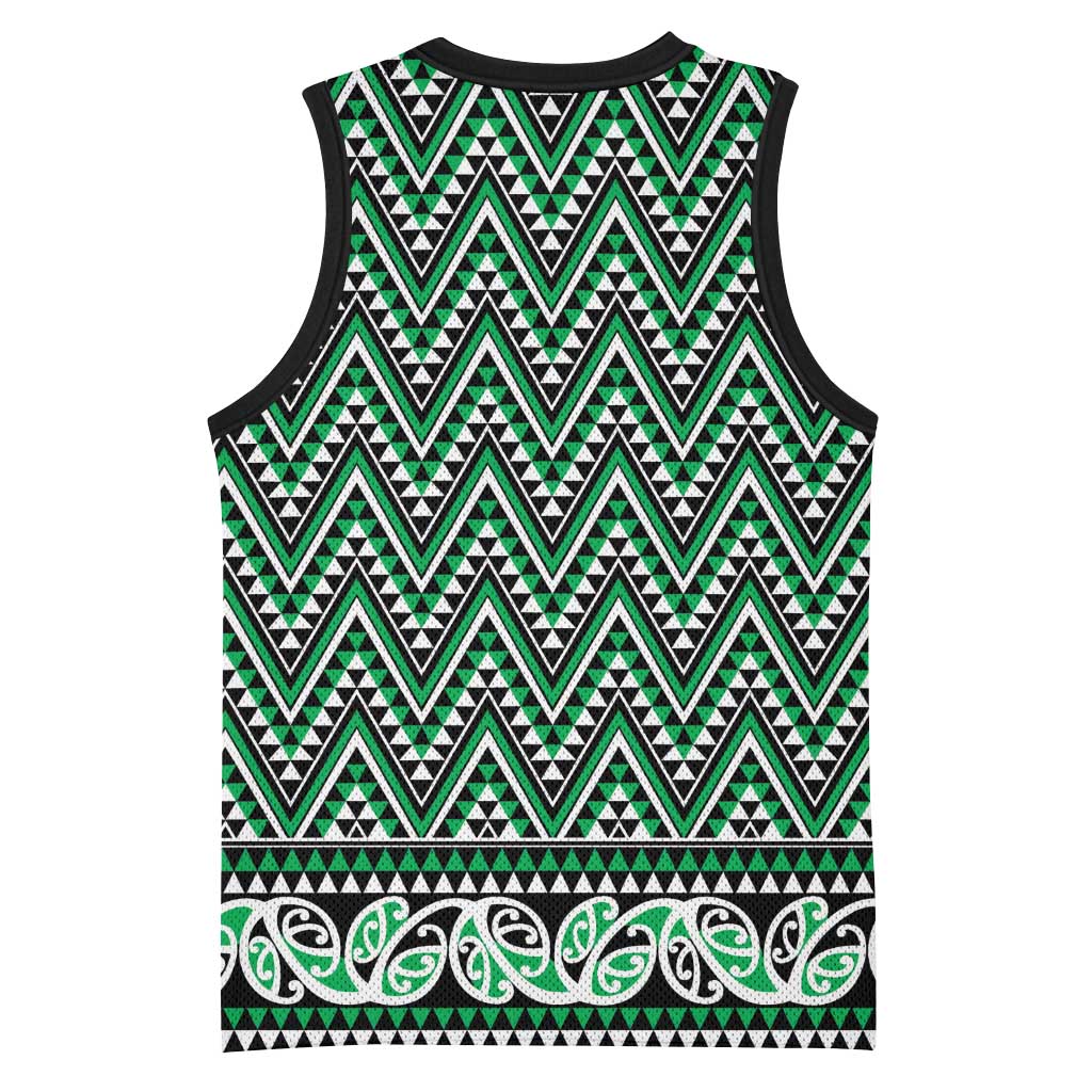 New Zealand Maori Niho Taniwha Basketball Jersey Kakariki Mangopare and Puhoro Pattern - Polynesian Pride