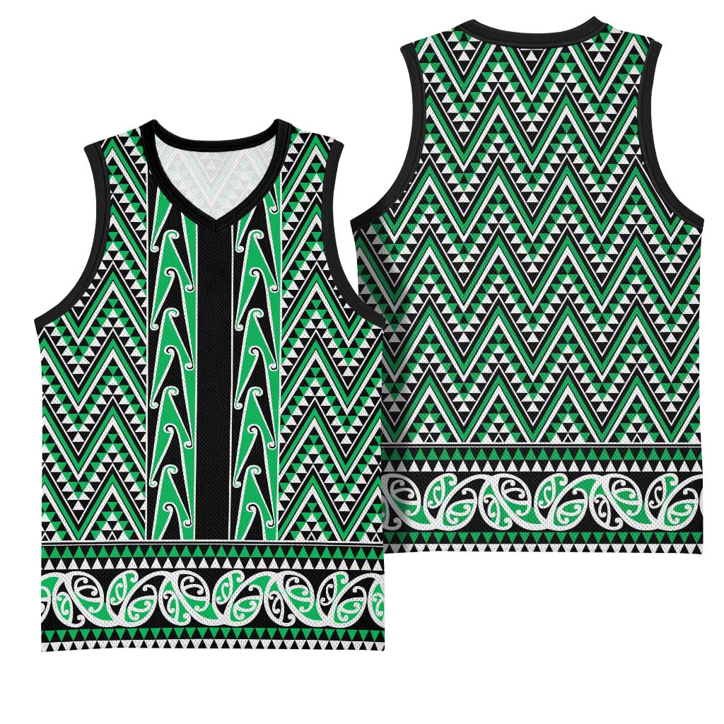 New Zealand Maori Niho Taniwha Basketball Jersey Kakariki Mangopare and Puhoro Pattern - Polynesian Pride