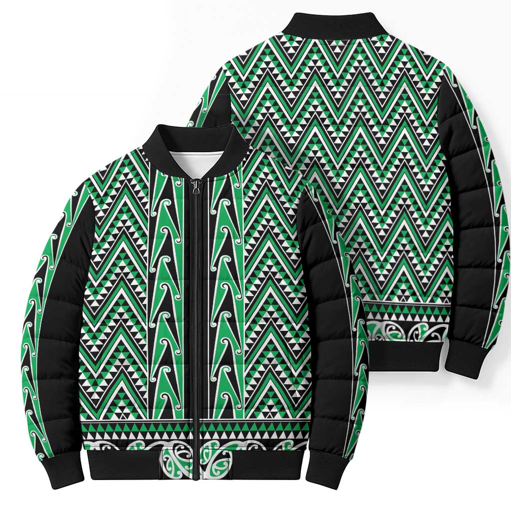 New Zealand Maori Niho Taniwha Bomber Puffer Jacket Kakariki Mangopare and Puhoro Pattern - Polynesian Pride