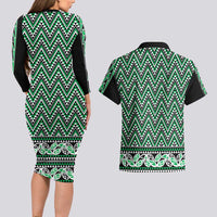 New Zealand Maori Niho Taniwha Couples Matching Long Sleeve Bodycon Dress and Hawaiian Shirt Kakariki Mangopare and Puhoro Pattern