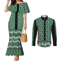 New Zealand Maori Niho Taniwha Couples Matching Mermaid Dress and Long Sleeve Button Shirt Kakariki Mangopare and Puhoro Pattern LT9 Green - Polynesian Pride