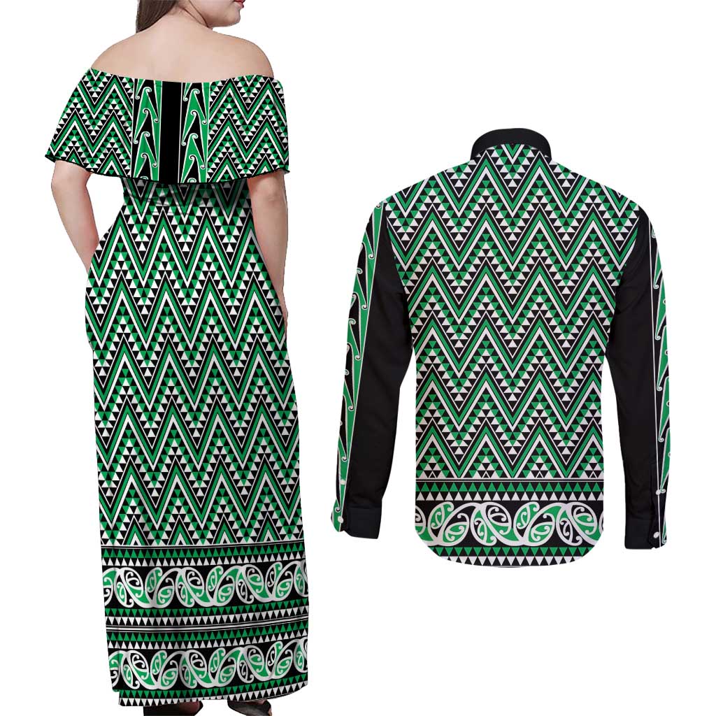 New Zealand Maori Niho Taniwha Couples Matching Off Shoulder Maxi Dress and Long Sleeve Button Shirt Kakariki Mangopare and Puhoro Pattern LT9 - Polynesian Pride