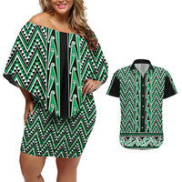 New Zealand Maori Niho Taniwha Couples Matching Off Shoulder Short Dress and Hawaiian Shirt Kakariki Mangopare and Puhoro Pattern