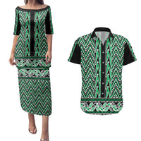 New Zealand Maori Niho Taniwha Couples Matching Puletasi and Hawaiian Shirt Kakariki Mangopare and Puhoro Pattern LT9 Green - Polynesian Pride
