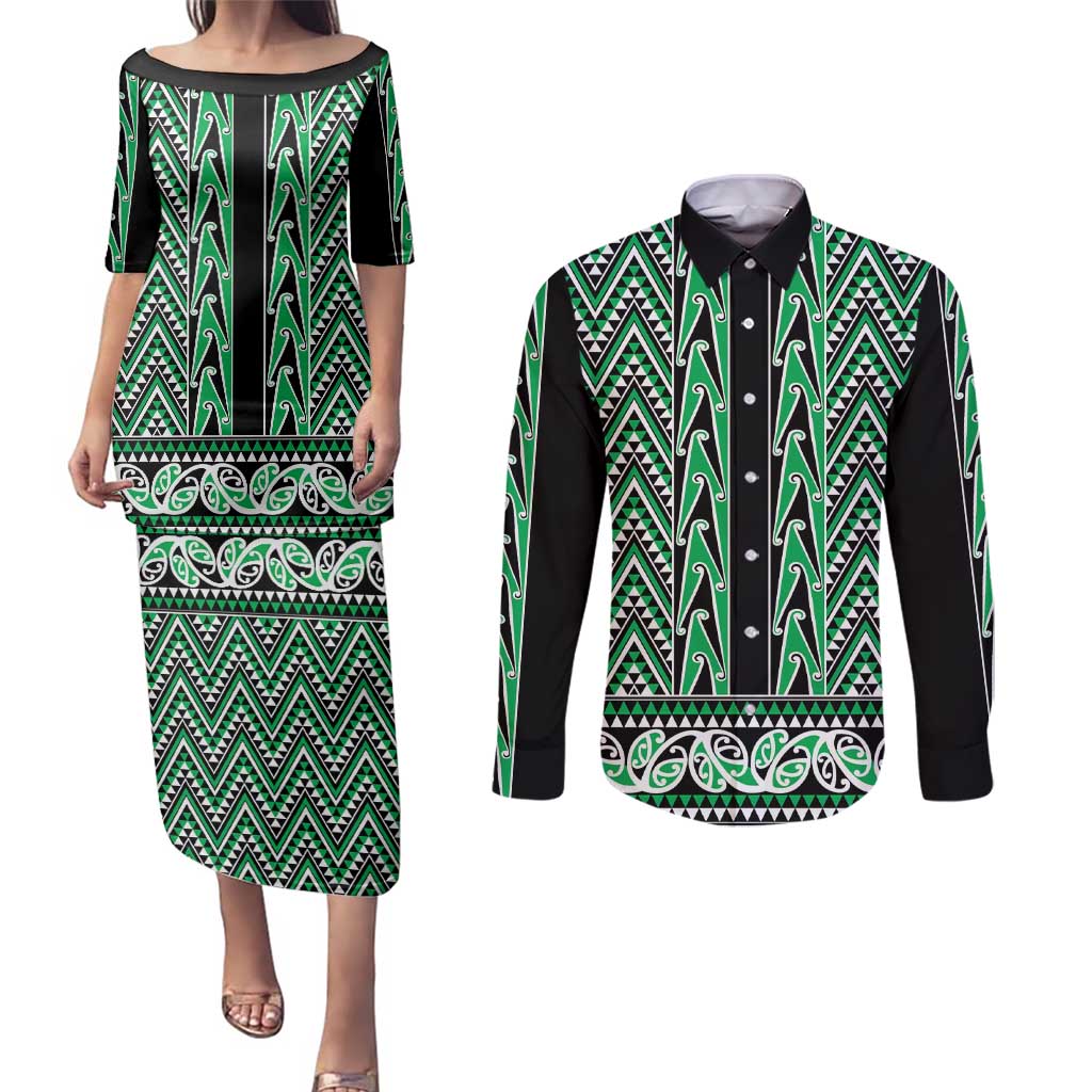 New Zealand Maori Niho Taniwha Couples Matching Puletasi and Long Sleeve Button Shirt Kakariki Mangopare and Puhoro Pattern LT9 Green - Polynesian Pride