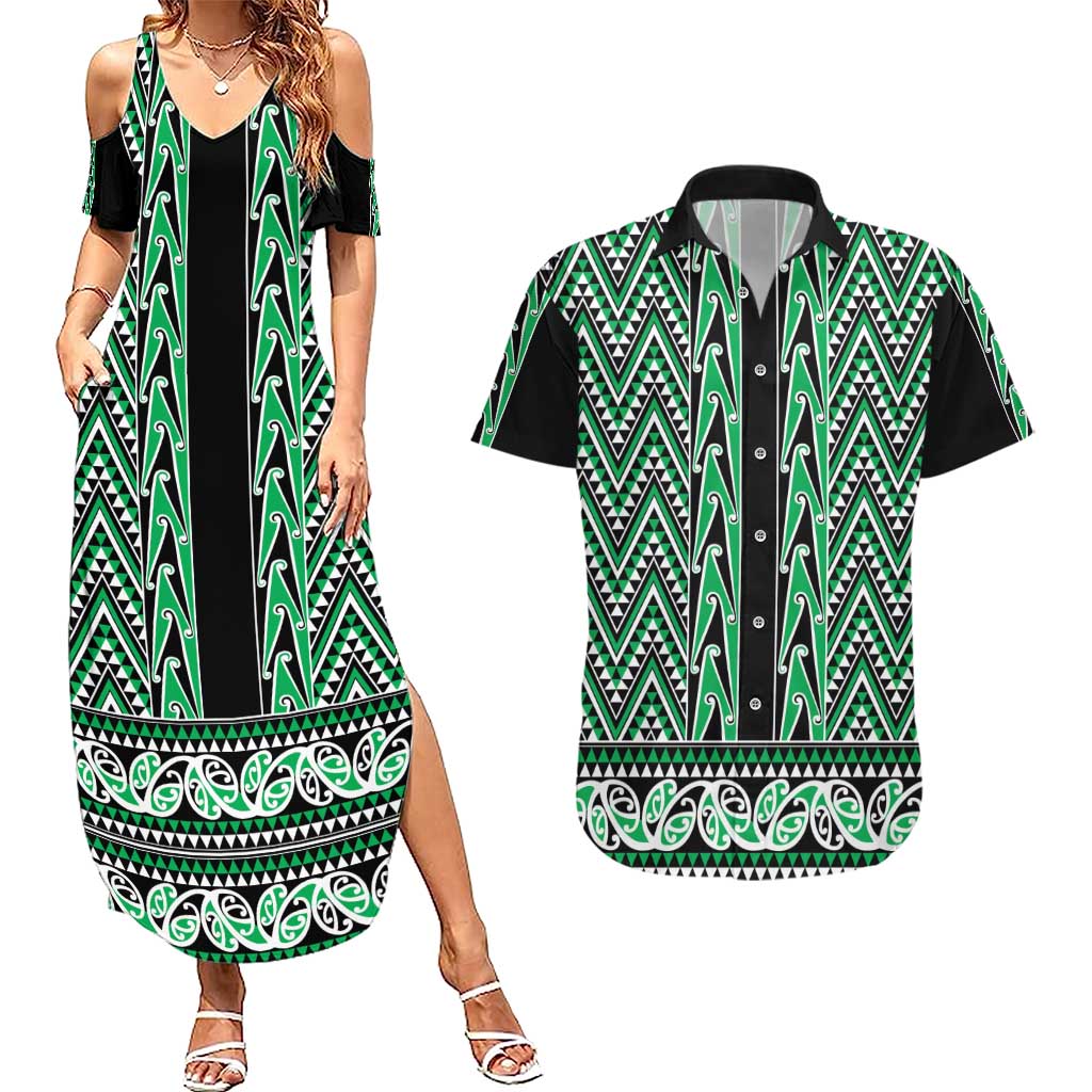 New Zealand Maori Niho Taniwha Couples Matching Summer Maxi Dress and Hawaiian Shirt Kakariki Mangopare and Puhoro Pattern