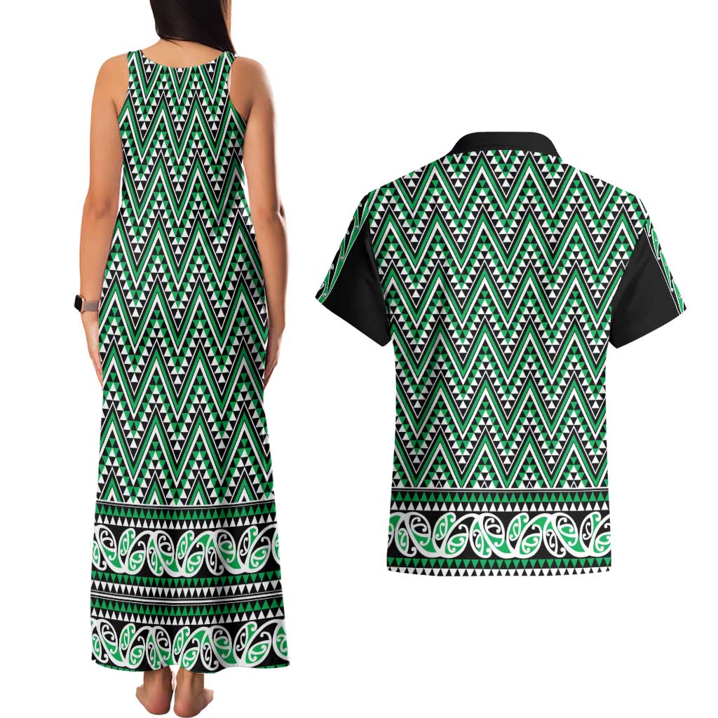 New Zealand Maori Niho Taniwha Couples Matching Tank Maxi Dress and Hawaiian Shirt Kakariki Mangopare and Puhoro Pattern