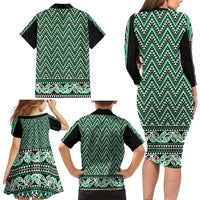 New Zealand Maori Niho Taniwha Family Matching Long Sleeve Bodycon Dress and Hawaiian Shirt Kakariki Mangopare and Puhoro Pattern