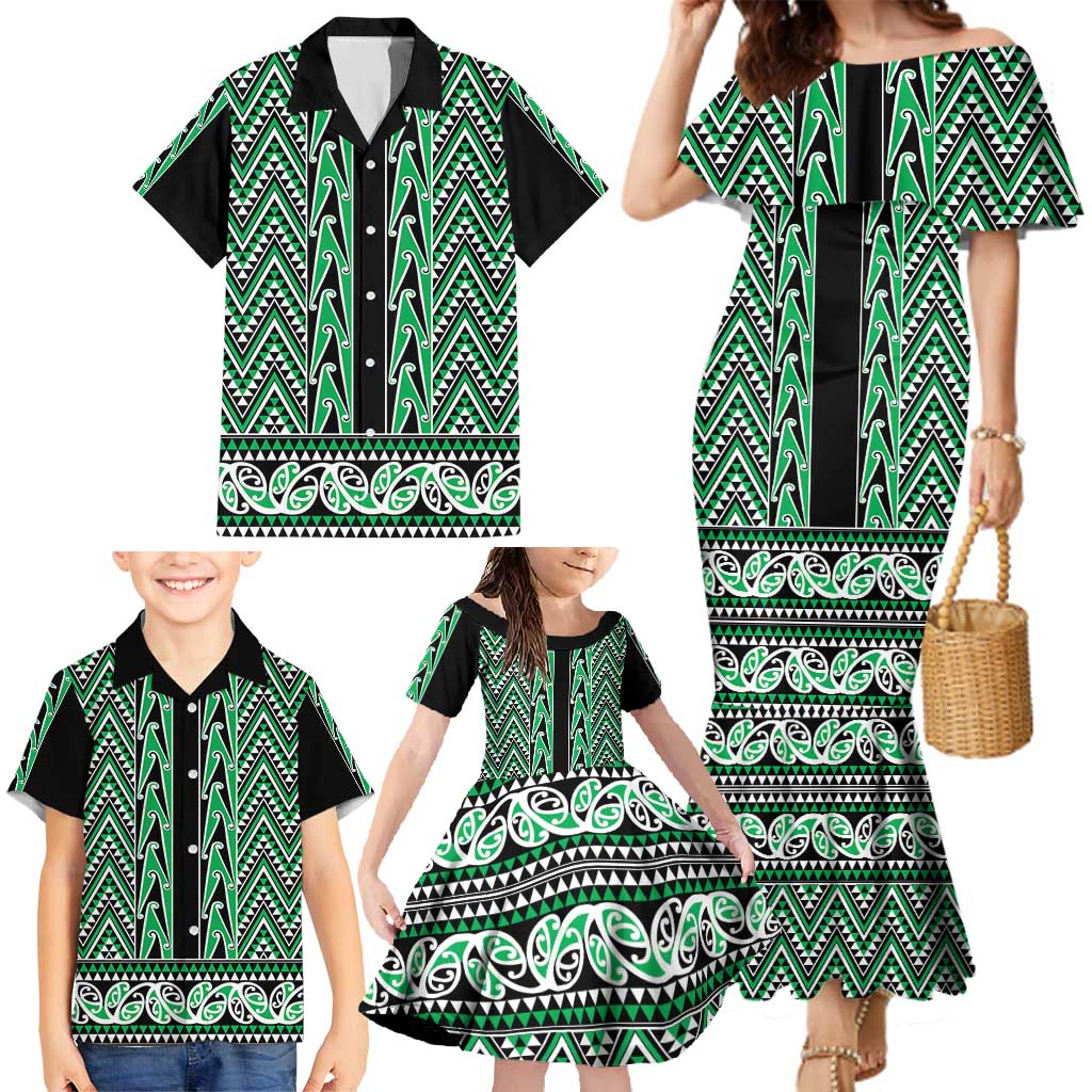 New Zealand Maori Niho Taniwha Family Matching Mermaid Dress and Hawaiian Shirt Kakariki Mangopare and Puhoro Pattern