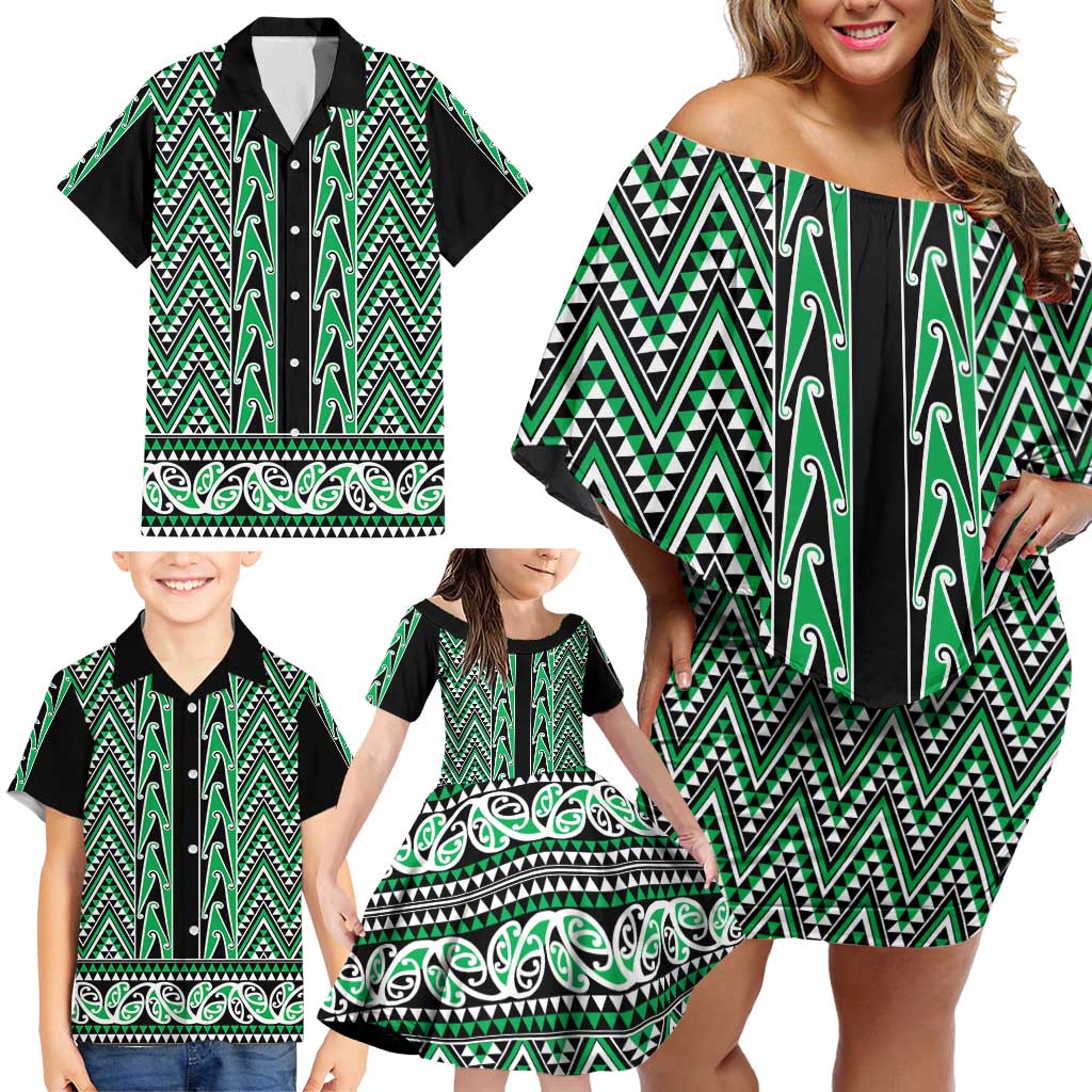 New Zealand Maori Niho Taniwha Family Matching Off Shoulder Short Dress and Hawaiian Shirt Kakariki Mangopare and Puhoro Pattern