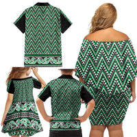 New Zealand Maori Niho Taniwha Family Matching Off Shoulder Short Dress and Hawaiian Shirt Kakariki Mangopare and Puhoro Pattern