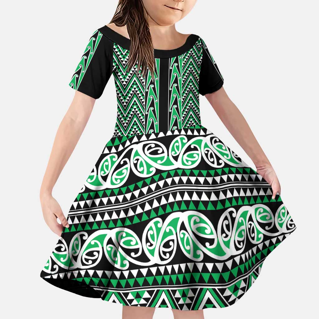 New Zealand Maori Niho Taniwha Family Matching Puletasi and Hawaiian Shirt Kakariki Mangopare and Puhoro Pattern LT9 Daughter's Dress Green - Polynesian Pride