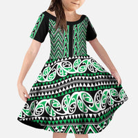 New Zealand Maori Niho Taniwha Family Matching Puletasi and Hawaiian Shirt Kakariki Mangopare and Puhoro Pattern LT9 Daughter's Dress Green - Polynesian Pride