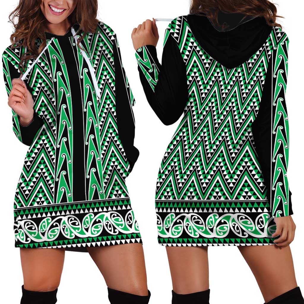 New Zealand Maori Niho Taniwha Hoodie Dress Kakariki Mangopare and Puhoro Pattern