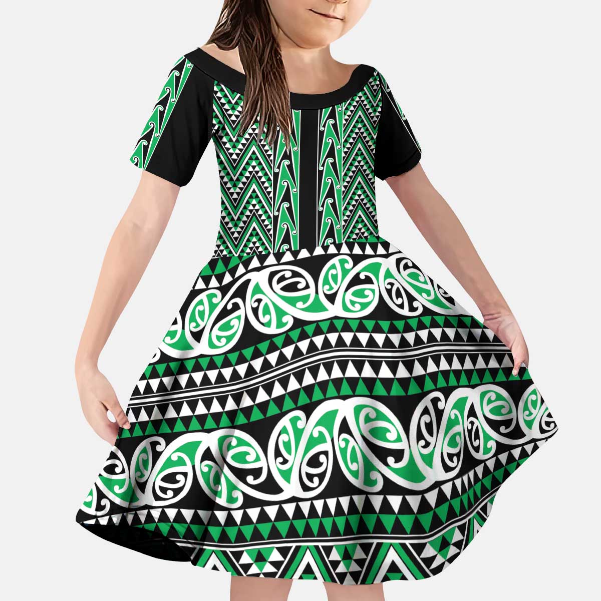 New Zealand Maori Niho Taniwha Kid Short Sleeve Dress Kakariki Mangopare and Puhoro Pattern