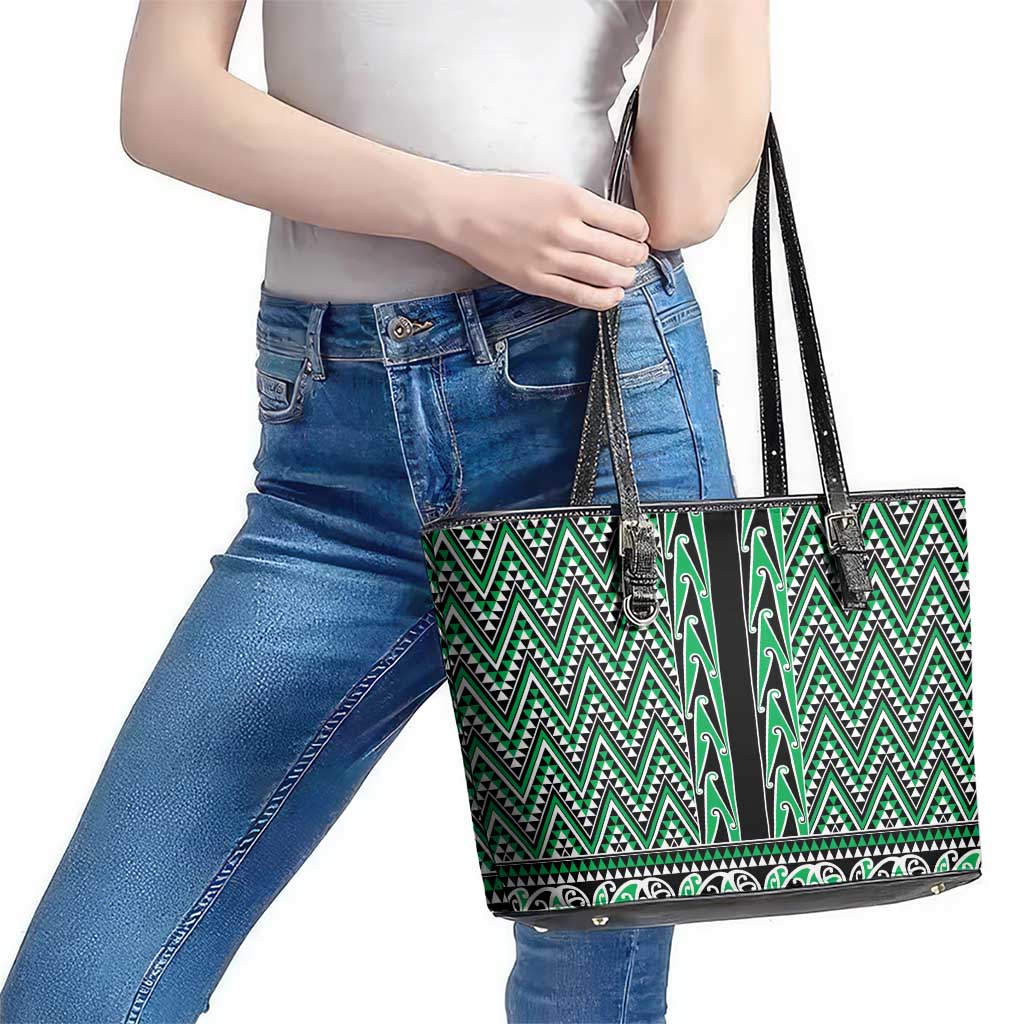 New Zealand Maori Niho Taniwha Leather Tote Bag Kakariki Mangopare and Puhoro Pattern
