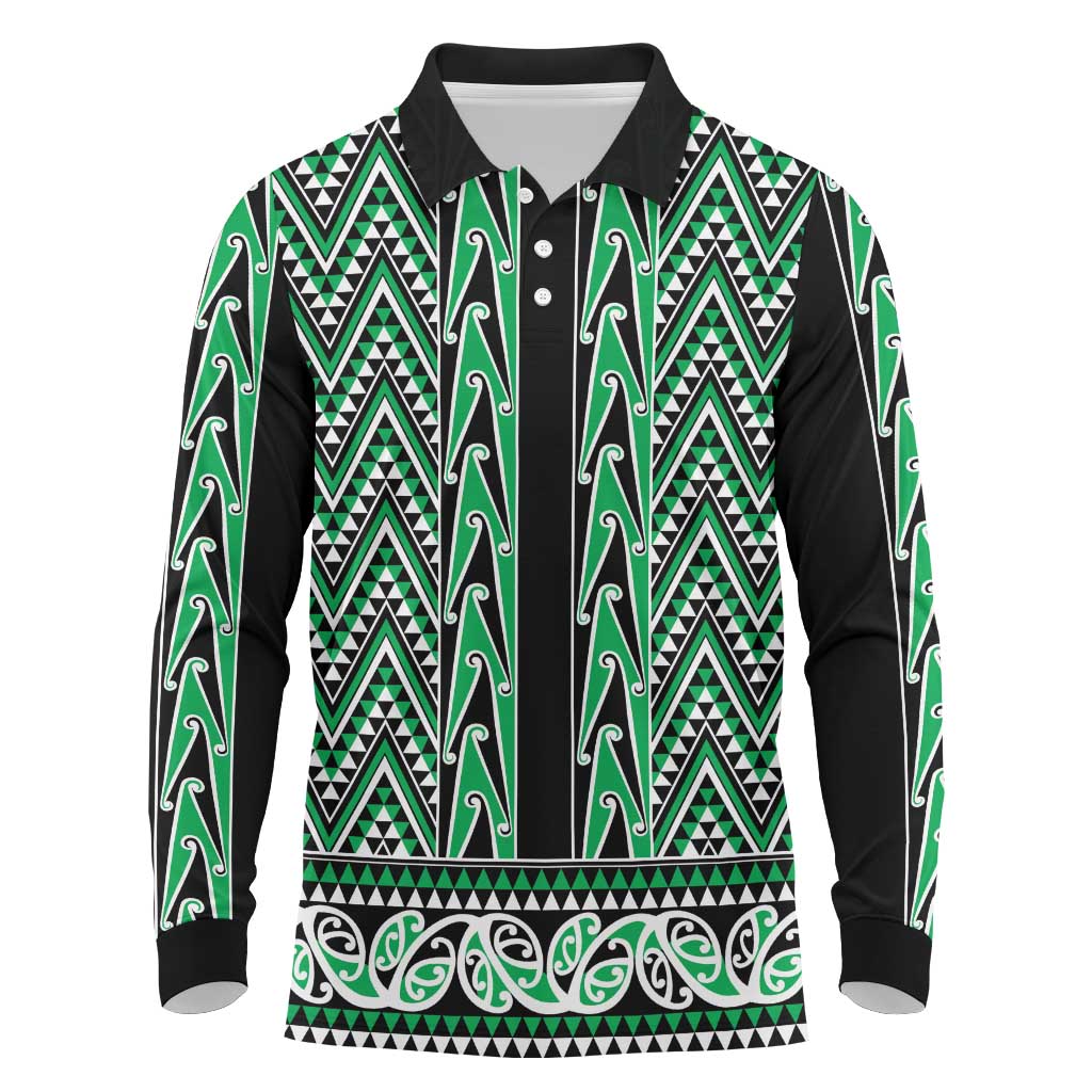 New Zealand Maori Niho Taniwha Long Sleeve Polo Shirt Kakariki Mangopare and Puhoro Pattern