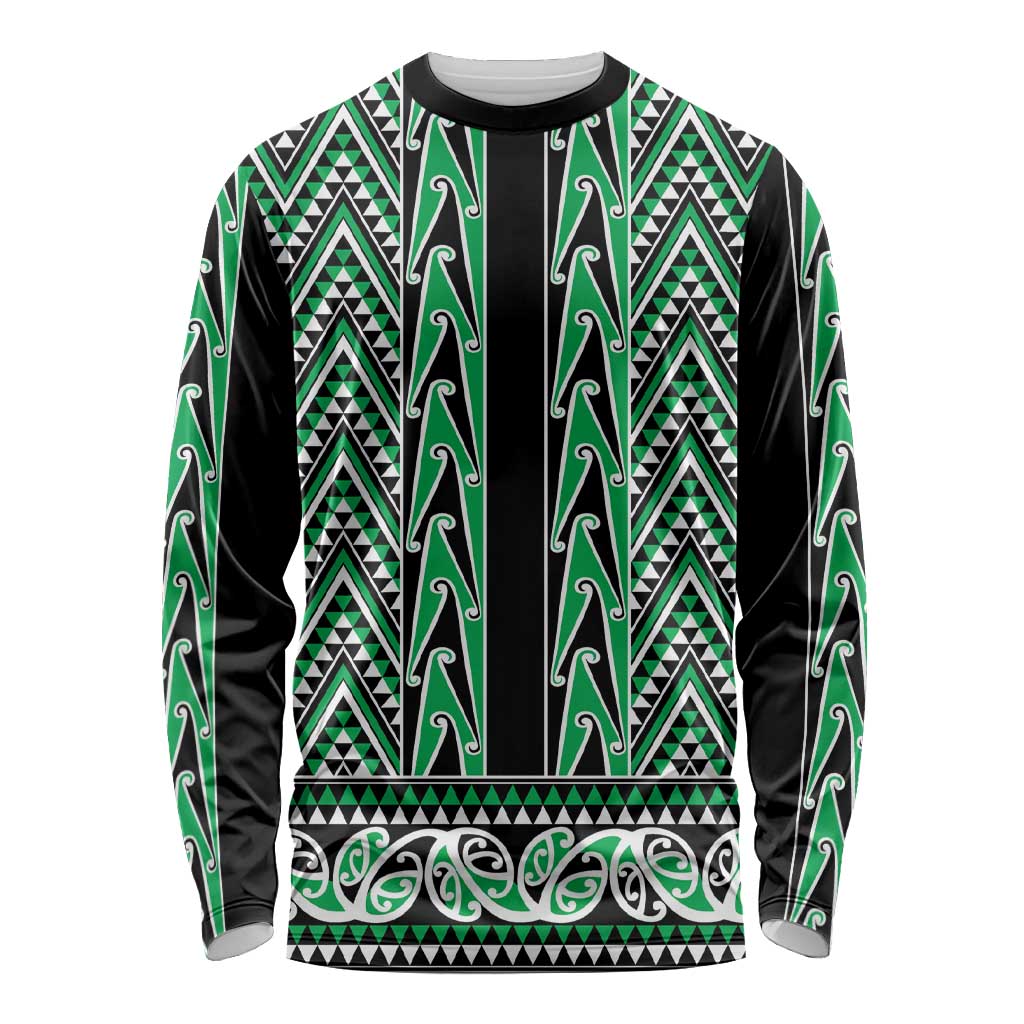 New Zealand Maori Niho Taniwha Long Sleeve Shirt Kakariki Mangopare and Puhoro Pattern LT9 Unisex Green - Polynesian Pride