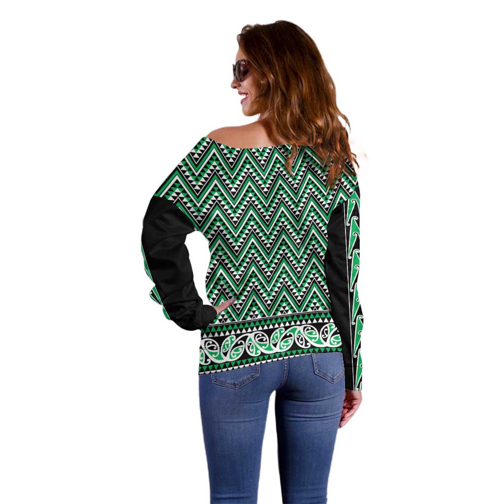 New Zealand Maori Niho Taniwha Off Shoulder Sweater Kakariki Mangopare and Puhoro Pattern
