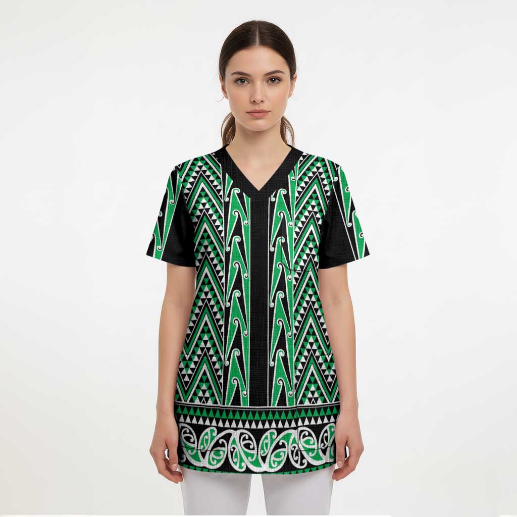 New Zealand Maori Niho Taniwha Scrub Top Kakariki Mangopare and Puhoro Pattern - Polynesian Pride