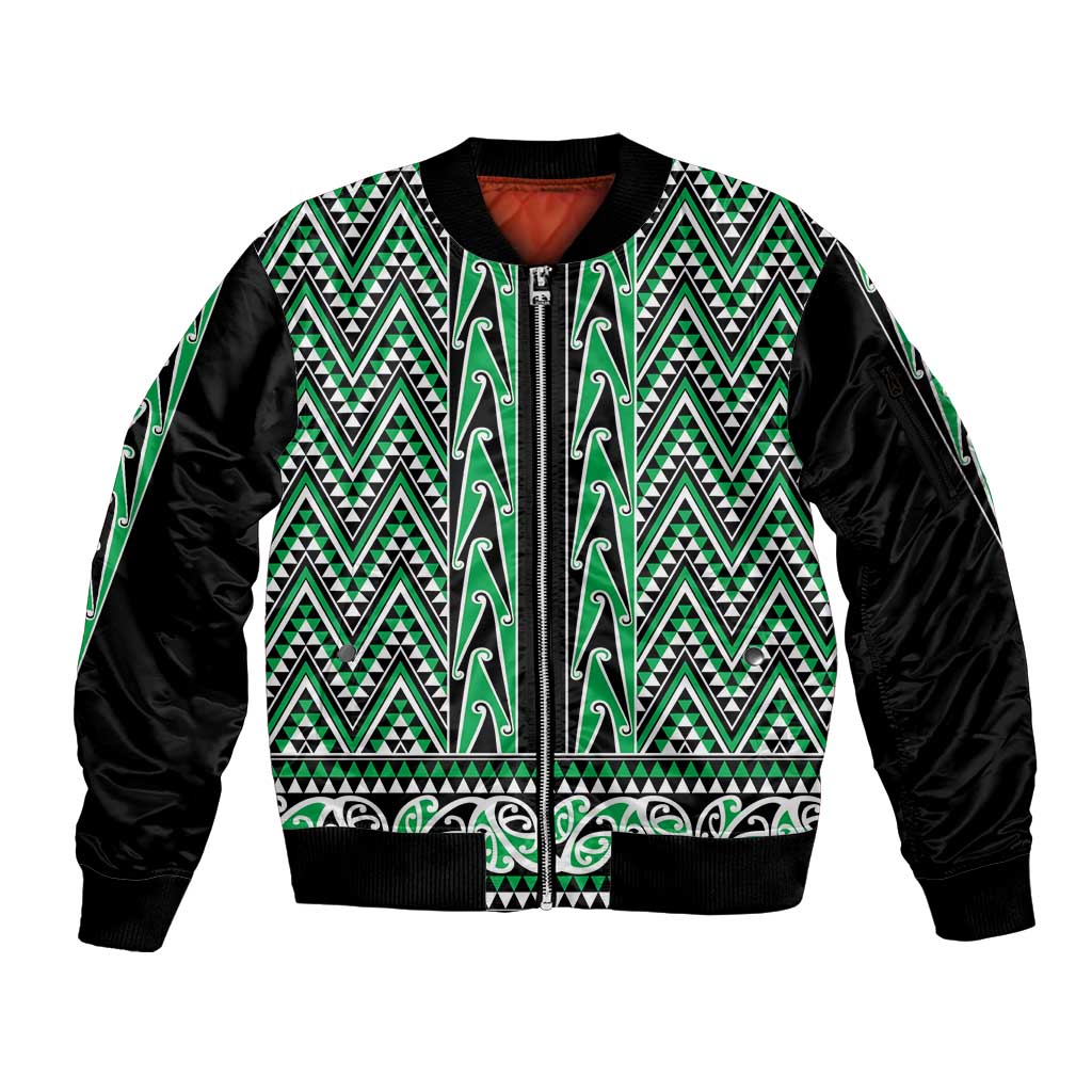 New Zealand Maori Niho Taniwha Sleeve Zip Bomber Jacket Kakariki Mangopare and Puhoro Pattern LT9 Unisex Green - Polynesian Pride