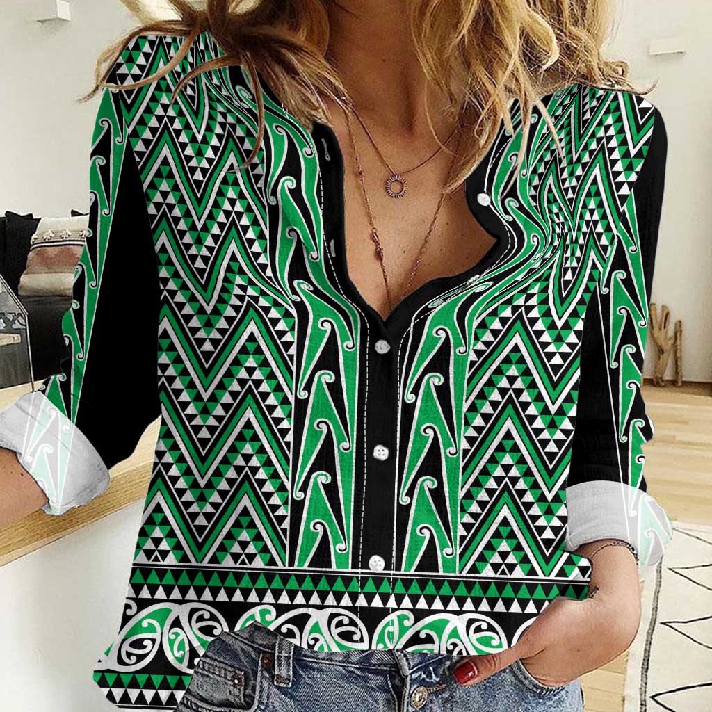 New Zealand Maori Niho Taniwha Women Casual Shirt Kakariki Mangopare and Puhoro Pattern