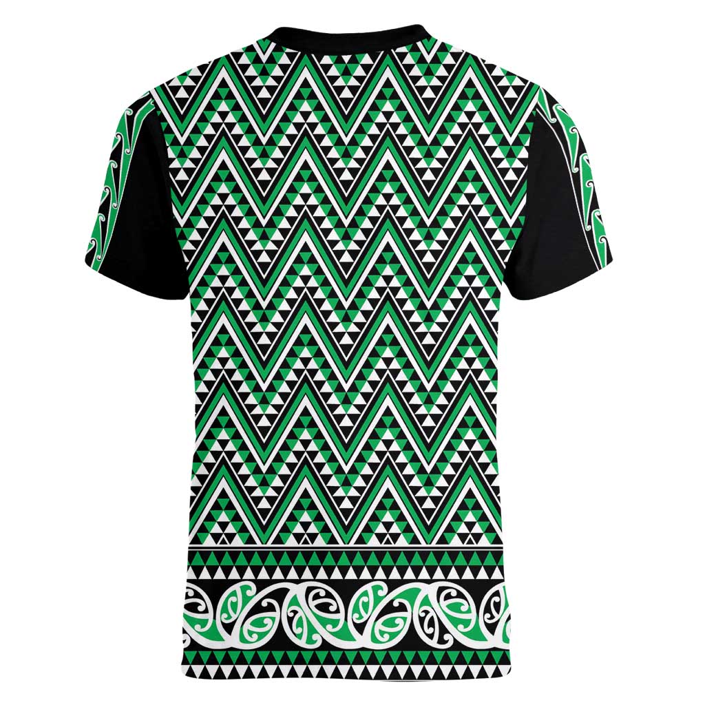 New Zealand Maori Niho Taniwha Women V-Neck T-Shirt Kakariki Mangopare and Puhoro Pattern LT9 - Polynesian Pride