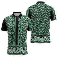 New Zealand Maori Niho Taniwha Zipper Polo Shirt Kakariki Mangopare and Puhoro Pattern - Polynesian Pride