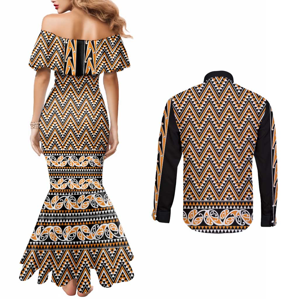 New Zealand Maori Niho Taniwha Couples Matching Mermaid Dress and Long Sleeve Button Shirt Karaka Mangopare and Puhoro Pattern LT9 - Polynesian Pride