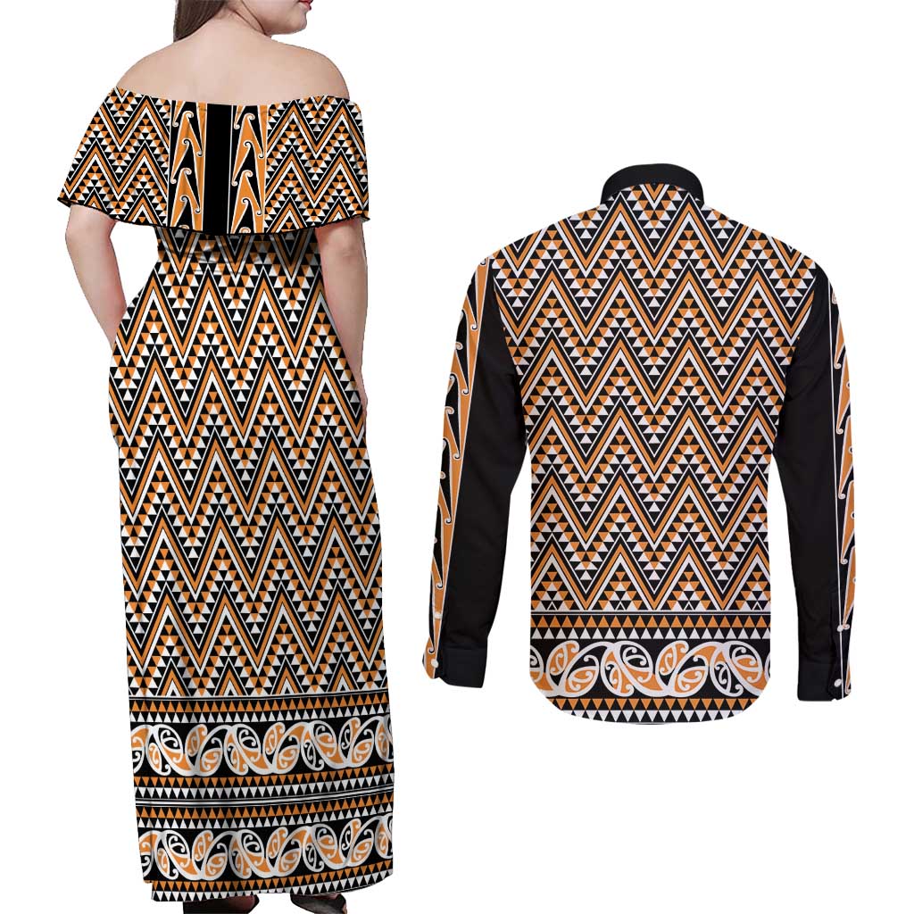 New Zealand Maori Niho Taniwha Couples Matching Off Shoulder Maxi Dress and Long Sleeve Button Shirt Karaka Mangopare and Puhoro Pattern LT9 - Polynesian Pride