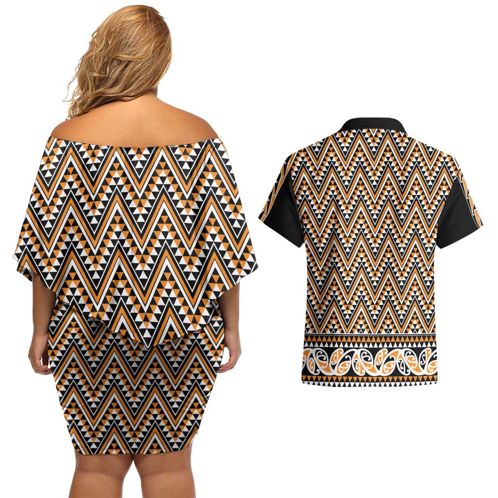 New Zealand Maori Niho Taniwha Couples Matching Off Shoulder Short Dress and Hawaiian Shirt Karaka Mangopare and Puhoro Pattern