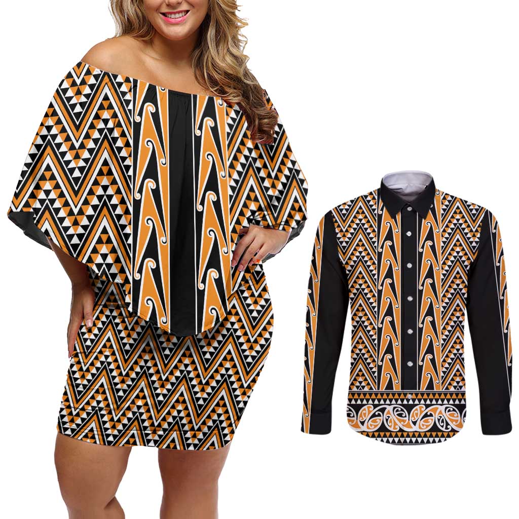 New Zealand Maori Niho Taniwha Couples Matching Off Shoulder Short Dress and Long Sleeve Button Shirt Karaka Mangopare and Puhoro Pattern LT9 Gold - Polynesian Pride