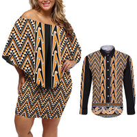 New Zealand Maori Niho Taniwha Couples Matching Off Shoulder Short Dress and Long Sleeve Button Shirt Karaka Mangopare and Puhoro Pattern LT9 Gold - Polynesian Pride