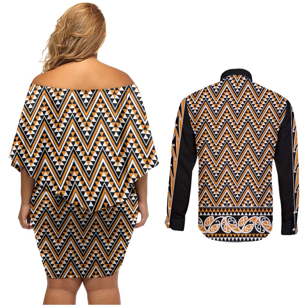 New Zealand Maori Niho Taniwha Couples Matching Off Shoulder Short Dress and Long Sleeve Button Shirt Karaka Mangopare and Puhoro Pattern LT9 - Polynesian Pride