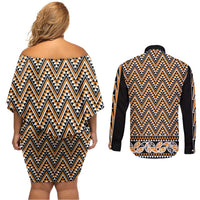 New Zealand Maori Niho Taniwha Couples Matching Off Shoulder Short Dress and Long Sleeve Button Shirt Karaka Mangopare and Puhoro Pattern LT9 - Polynesian Pride