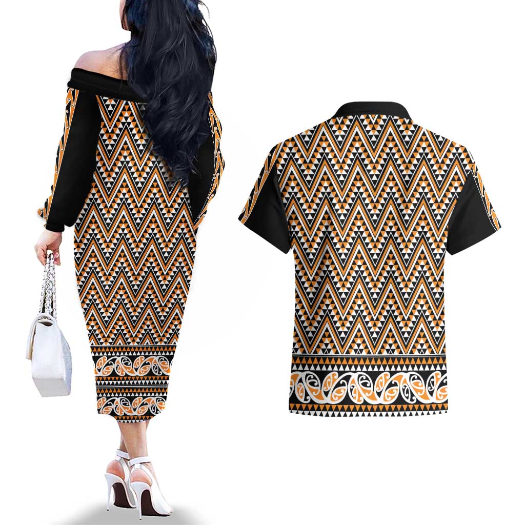 New Zealand Maori Niho Taniwha Couples Matching Off The Shoulder Long Sleeve Dress and Hawaiian Shirt Karaka Mangopare and Puhoro Pattern