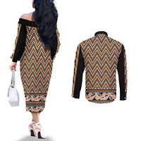 New Zealand Maori Niho Taniwha Couples Matching Off The Shoulder Long Sleeve Dress and Long Sleeve Button Shirt Karaka Mangopare and Puhoro Pattern LT9 - Polynesian Pride