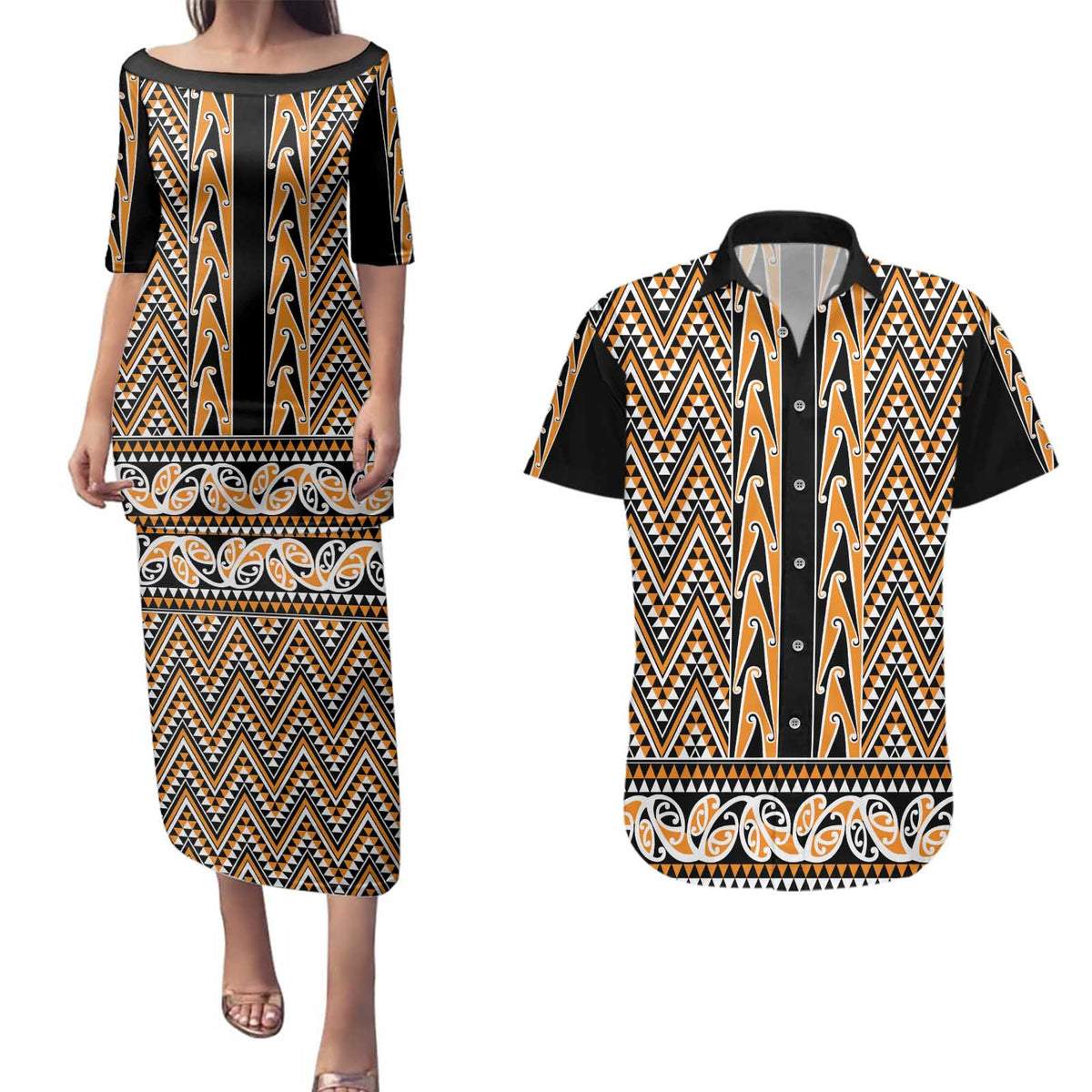 New Zealand Maori Niho Taniwha Couples Matching Puletasi and Hawaiian Shirt Karaka Mangopare and Puhoro Pattern