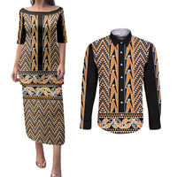 New Zealand Maori Niho Taniwha Couples Matching Puletasi and Long Sleeve Button Shirt Karaka Mangopare and Puhoro Pattern LT9 Gold - Polynesian Pride